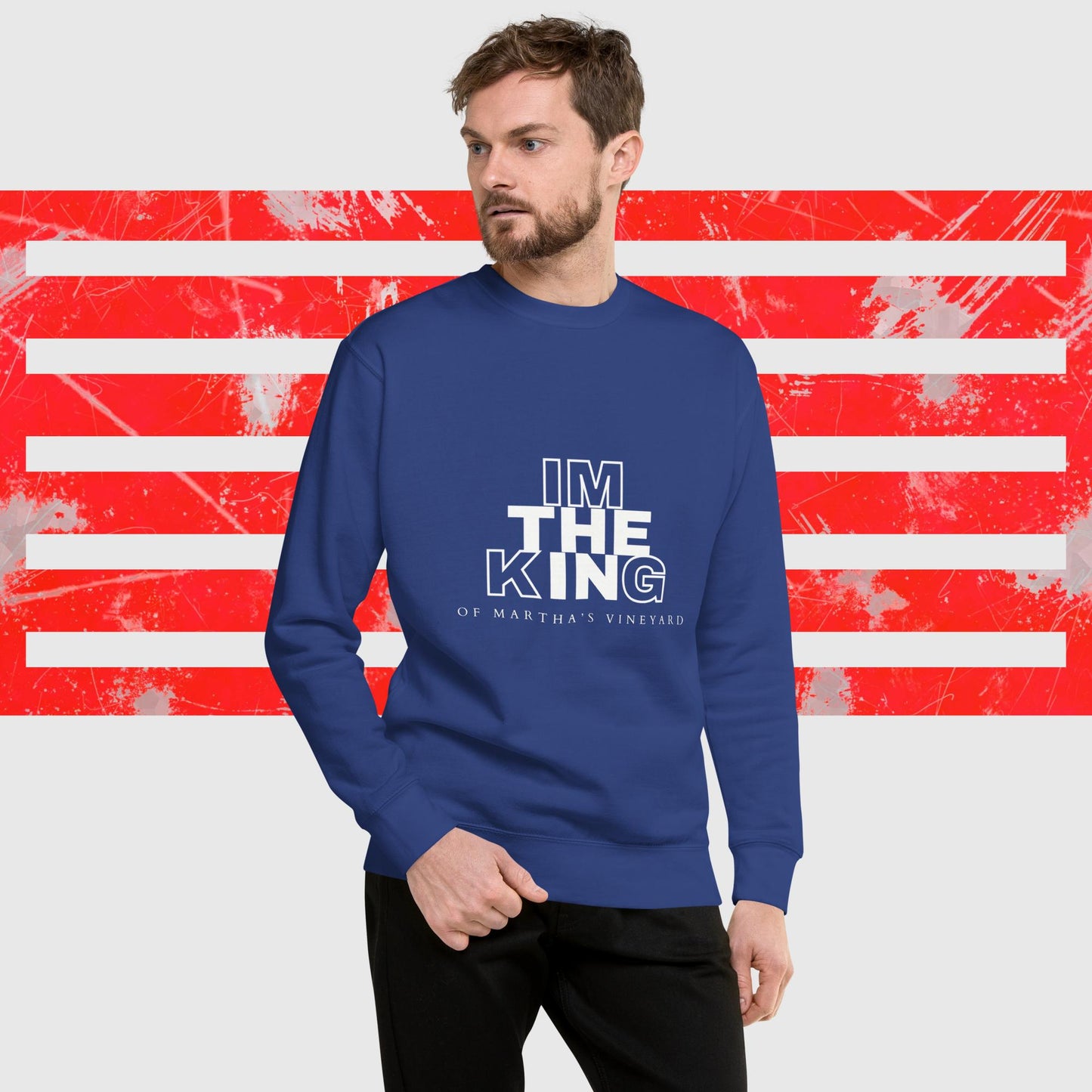 PREMIUM SWEATSHIRT AMERICAN FISHERMAN THE KING OF MARTHA'S VINEYARD BLUE FRONT - https://firstamerican.shop/