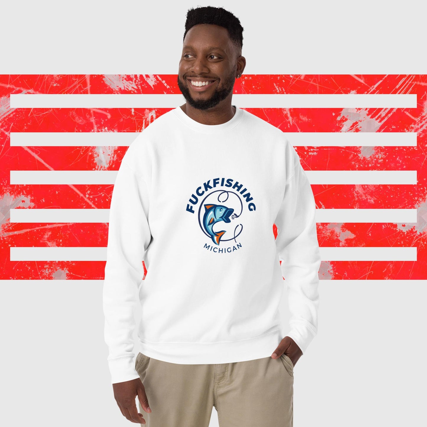 PREMIUM SWEATSHIRT AMERICAN FISHERMAN FUCKFISHING MICHIGAN WHITE FRONT - https://firstamerican.shop/