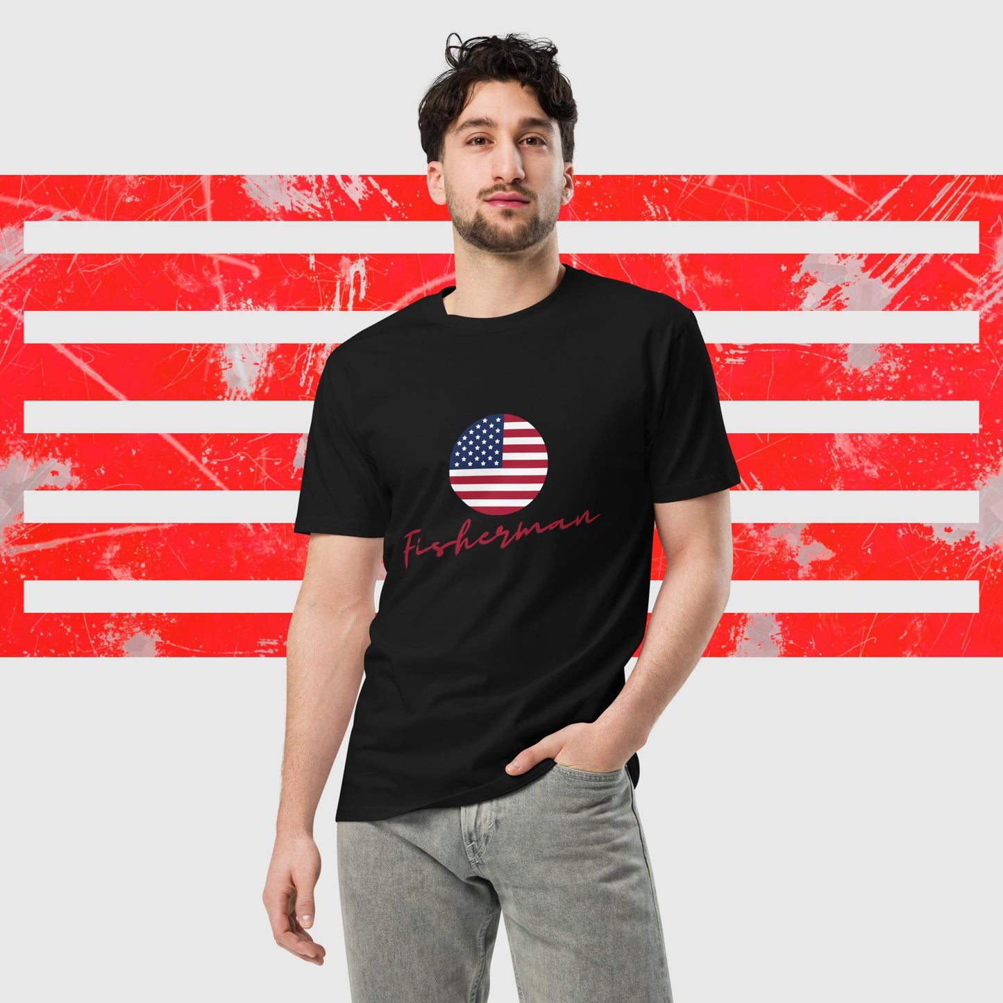 PREMIUM T-SHIRT AMERICAN FISHERMAN WITH AMERICAN FLAG BLACK FRONT - https://firstamerican.shop/