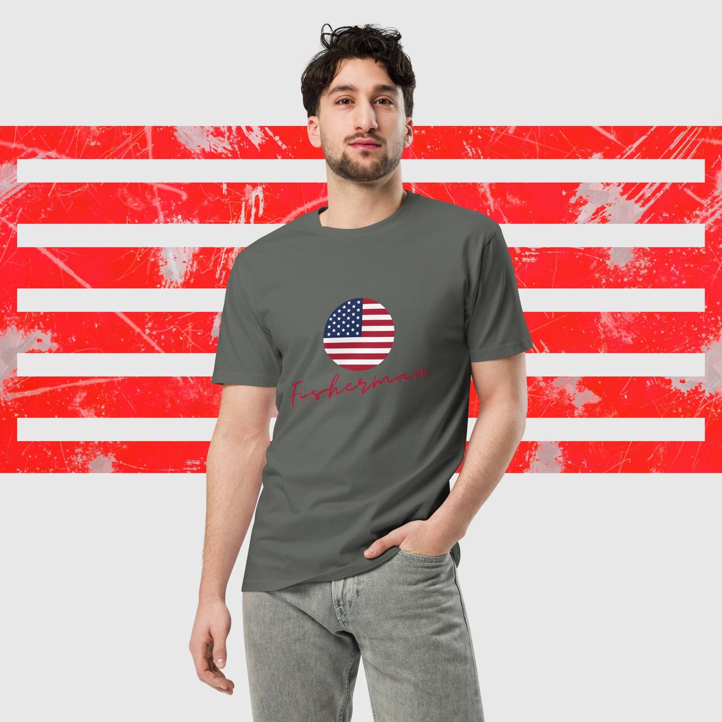 PREMIUM T-SHIRT AMERICAN FISHERMAN WITH AMERICAN FLAG CHARCOAL FRONT - https://firstamerican.shop