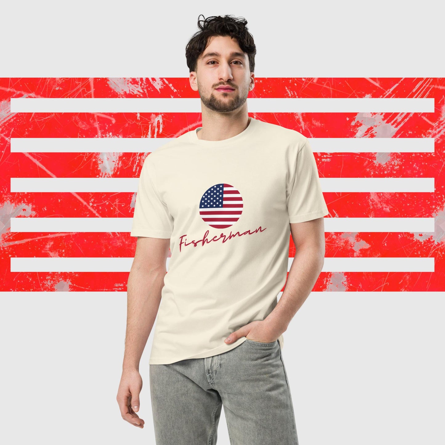 PREMIUM T-SHIRT AMERICAN FISHERMAN WITH AMERICAN FLAG NATURAL FRONT - https://firstamerican.shop