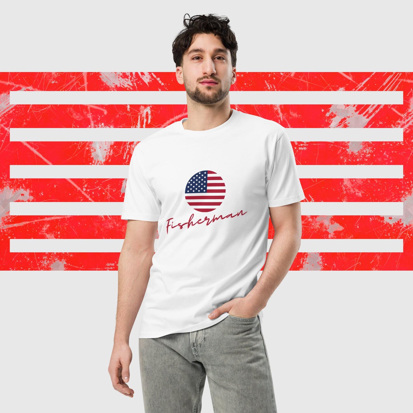 PREMIUM T-SHIRT AMERICAN FISHERMAN WITH AMERICAN FLAG WHITE FRONT - https://firstamerican.shop