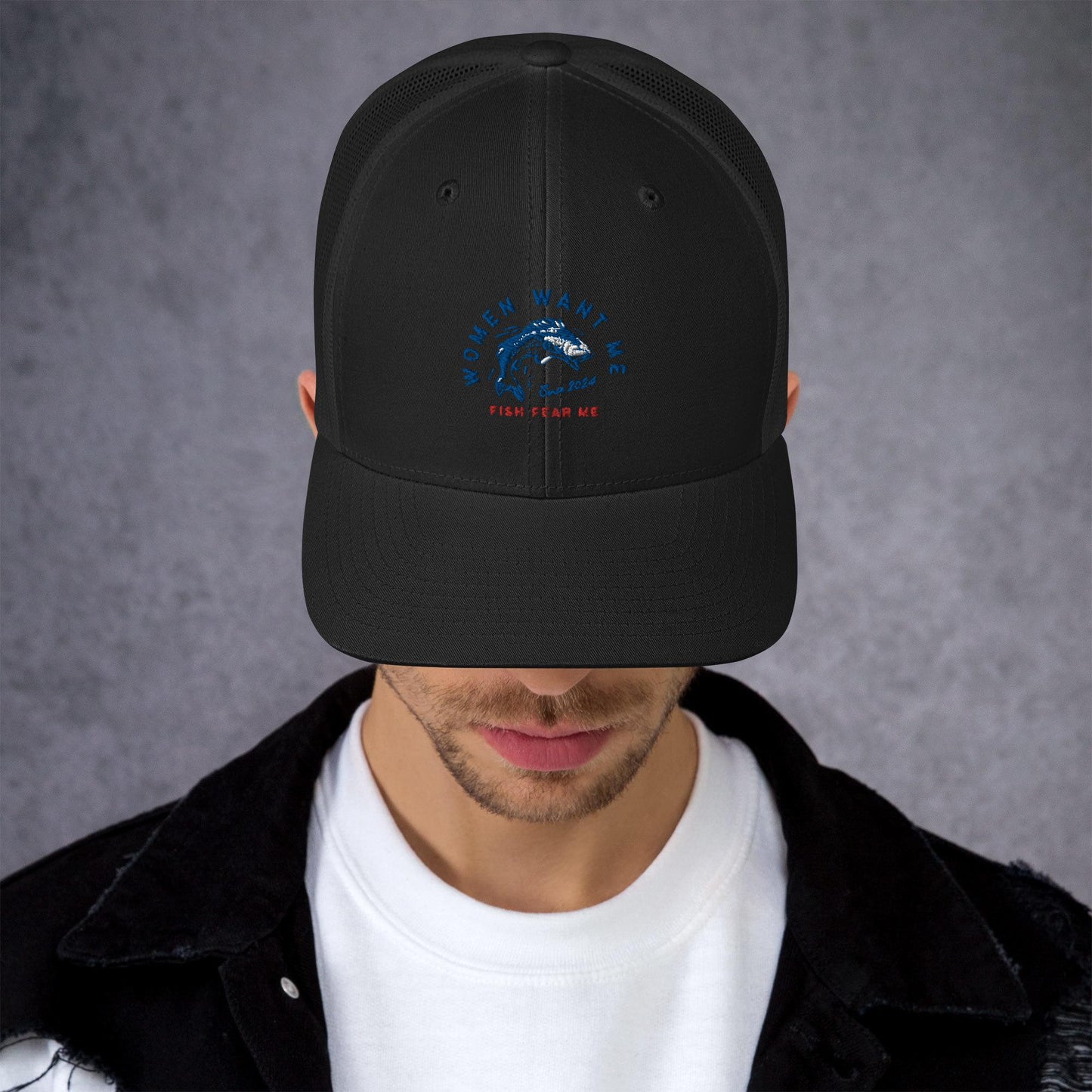 MENS FISHING TRUCKER CAP FISH FEAR ME BLACK FRONT - https://firstamerican.shop/