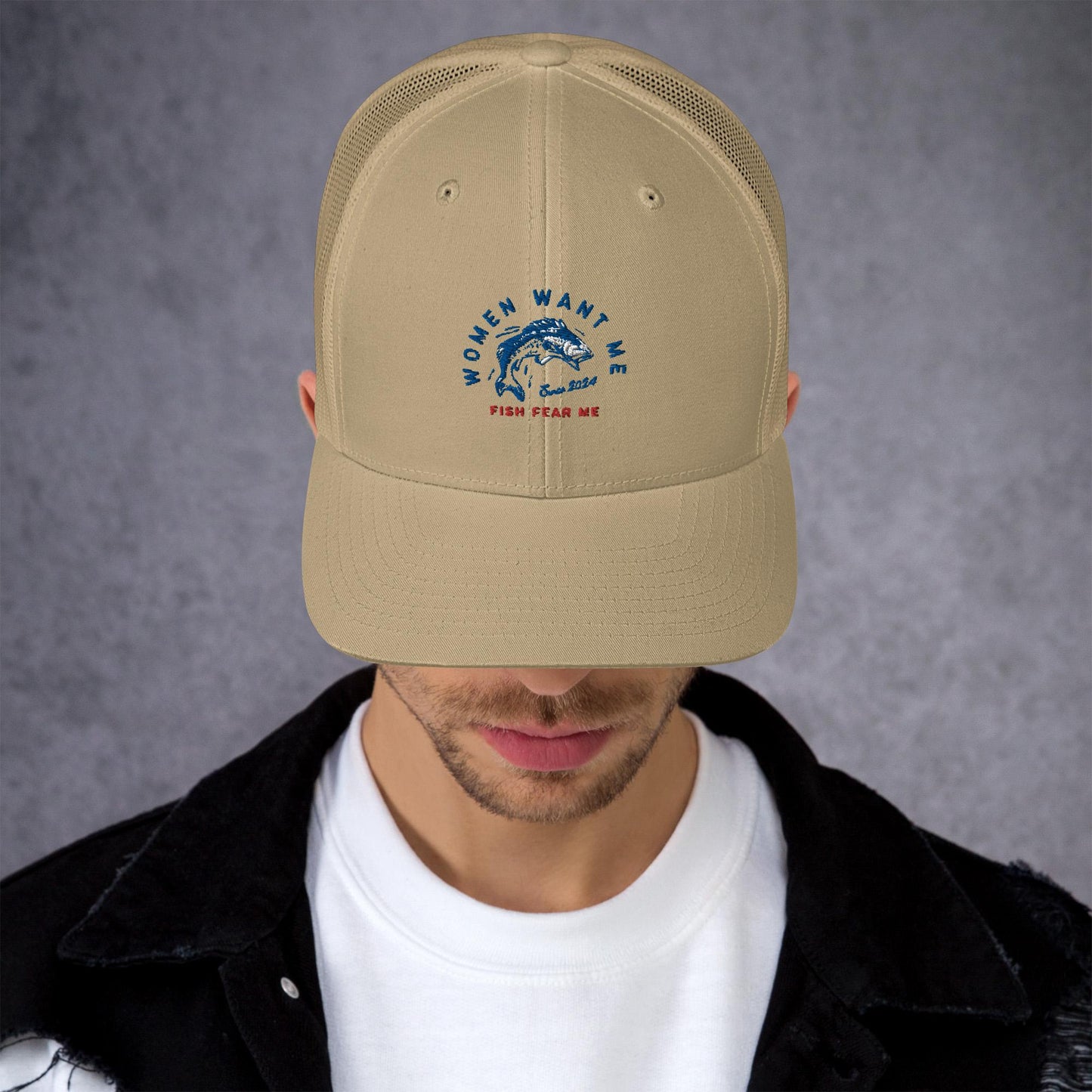 MENS FISHING TRUCKER CAP FISH FEAR ME KHAKI FRONT - https://firstamerican.shop/