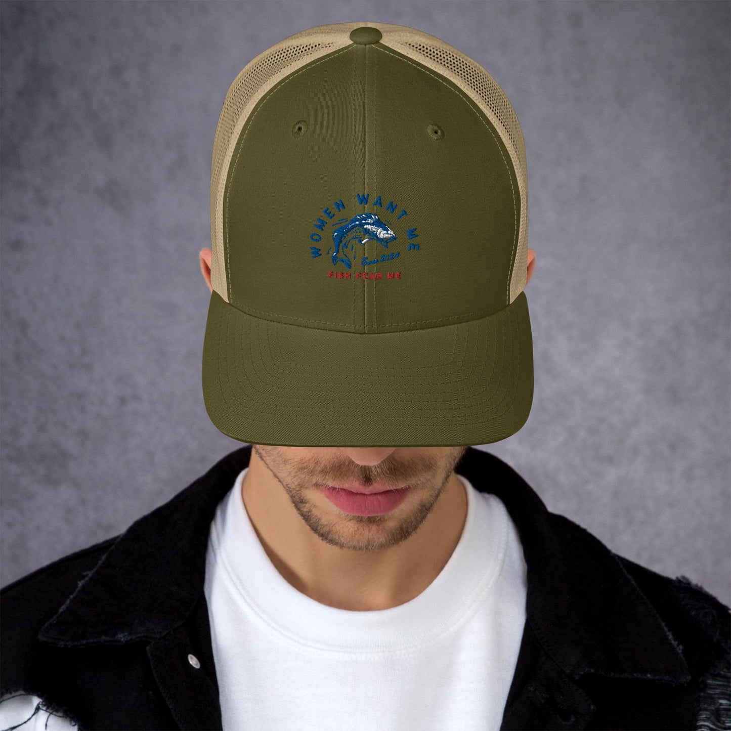 MENS FISHING TRUCKER CAP FISH FEAR ME MOSS KHAKI FRONT - https://firstamerican.shop/