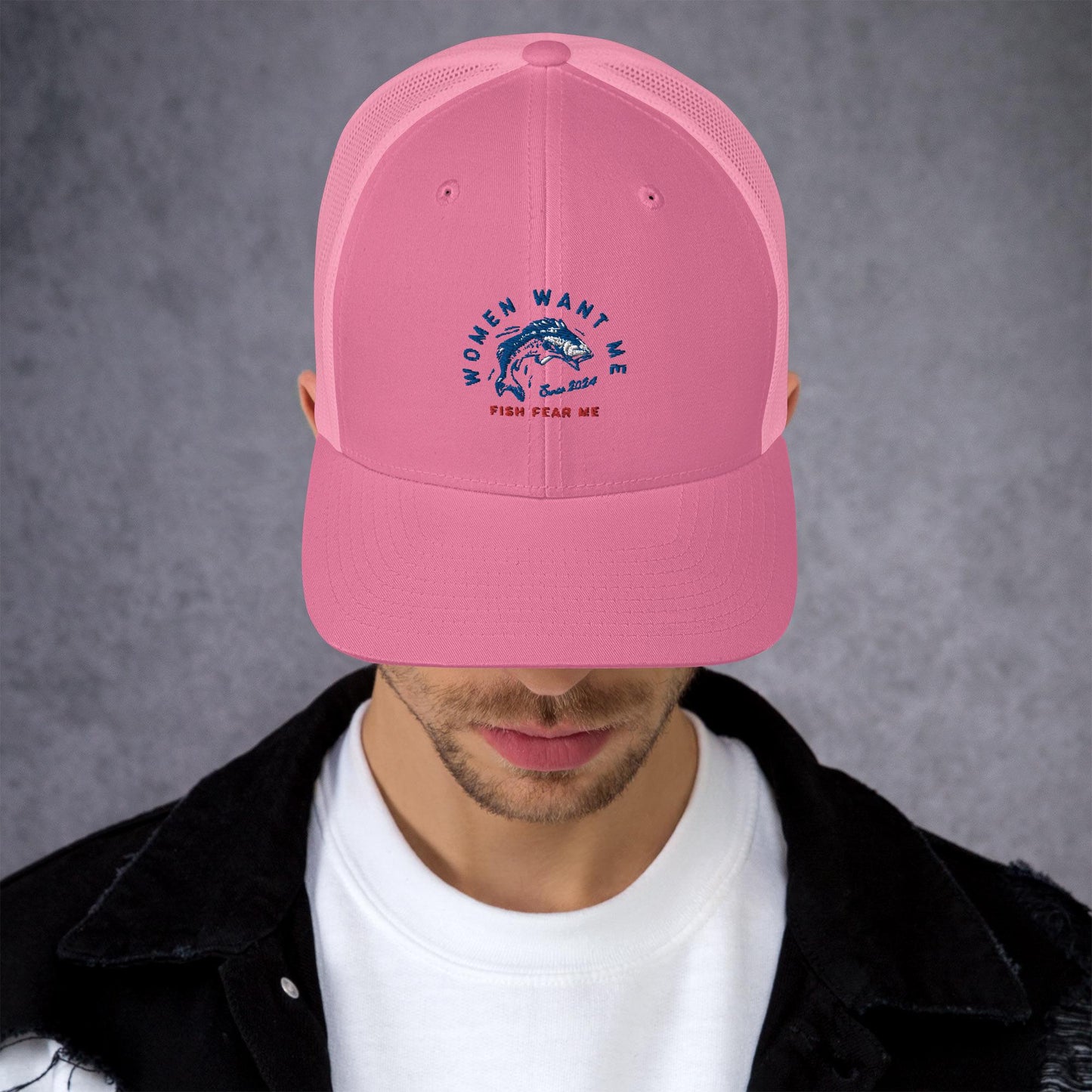 MENS FISHING TRUCKER CAP FISH FEAR ME PINK FRONT - https://firstamerican.shop/