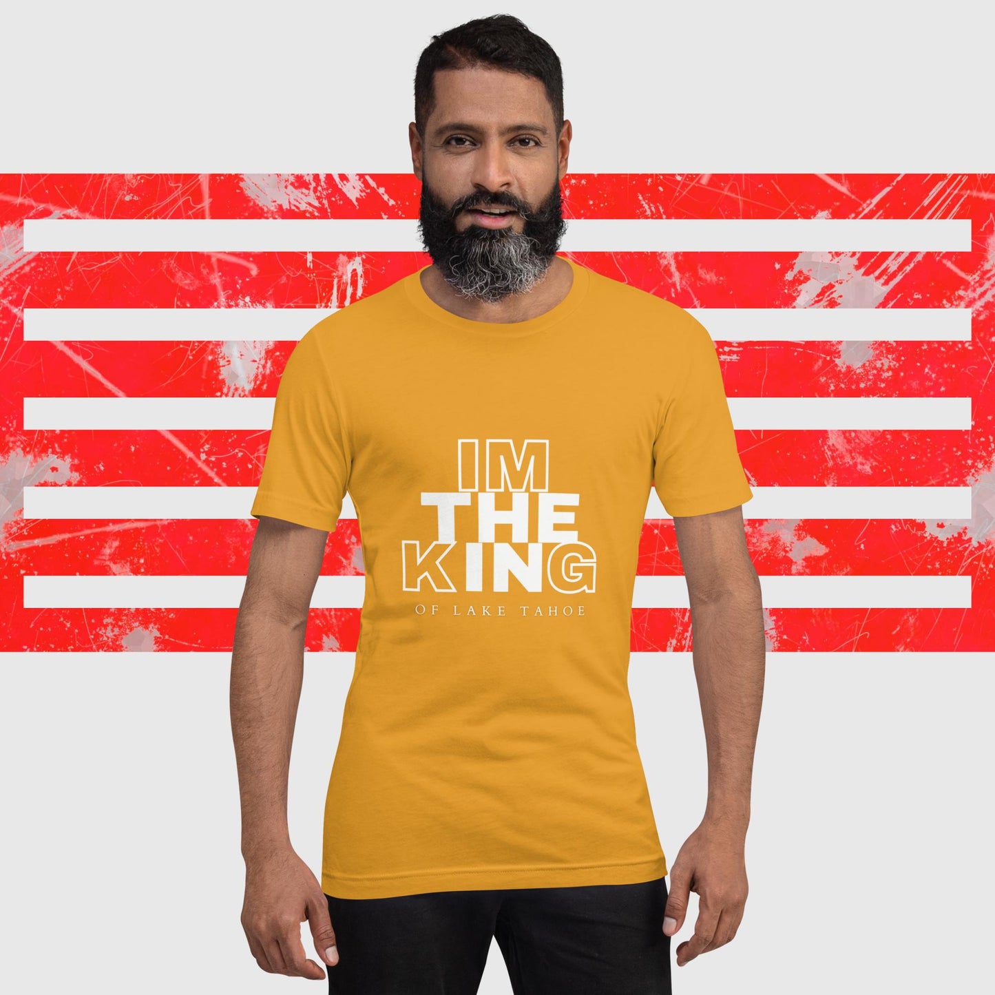 MENS AMERICAN FISHERMAN T-SHIRT THE KING OF LAKE TAHOE MUSTARD FRONT - https://firstamerican.shop/