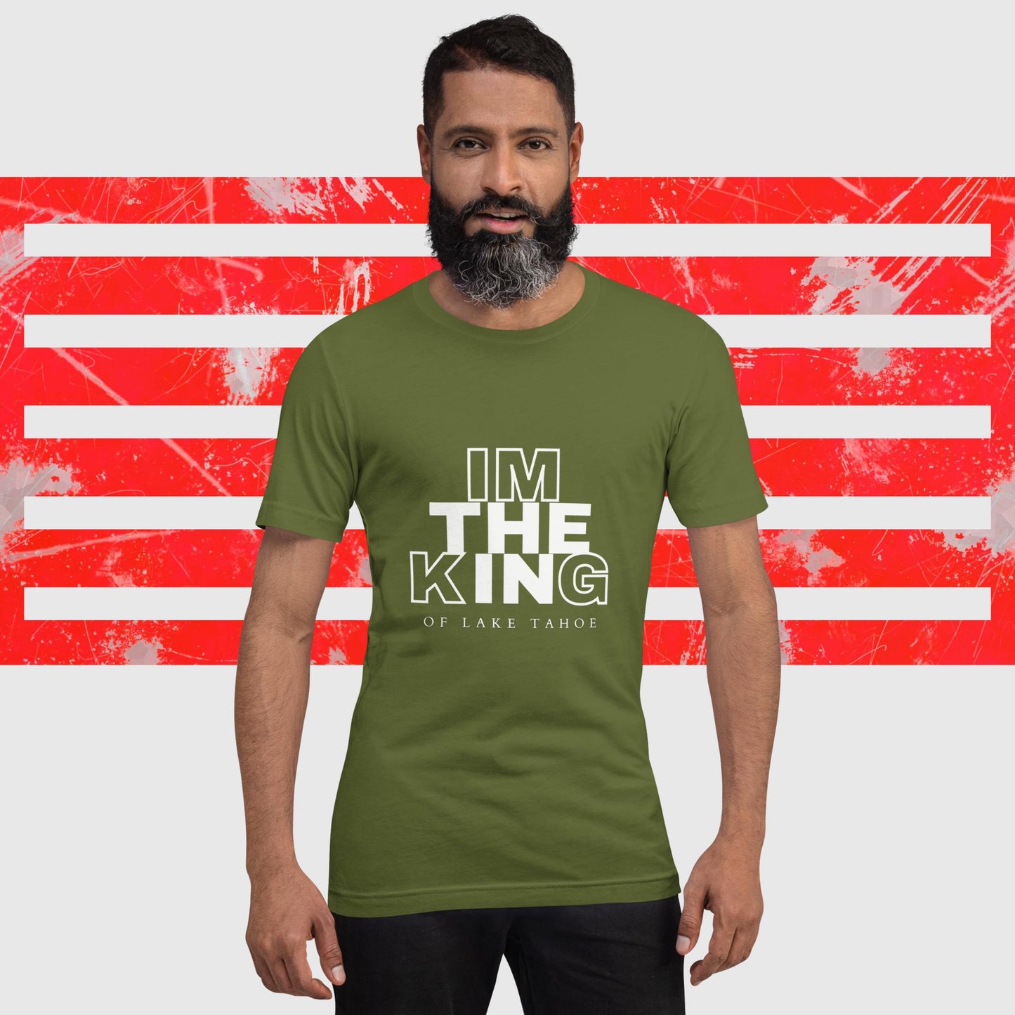 MENS AMERICAN FISHERMAN T-SHIRT THE KING OF LAKE TAHOE OLIVE FRONT - https://firstamerican.shop/