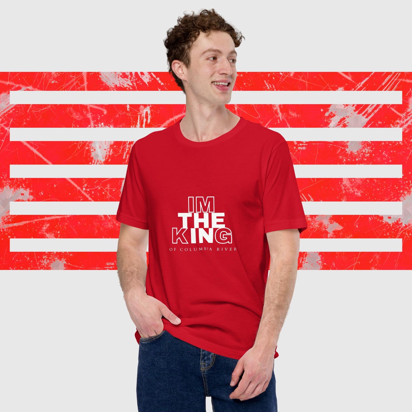 MENS AMERICAN FISHERMAN T-SHIRT THE KING OF COLUMBIA RIVER RED FRONT - https://firstamerican.shop/