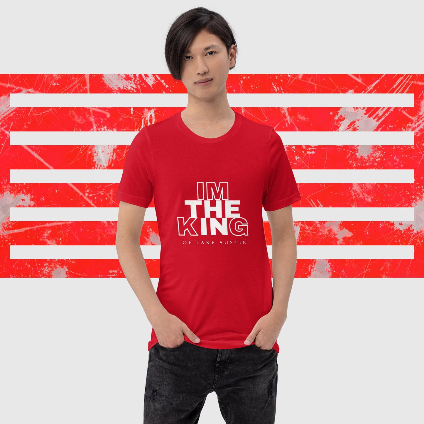 MENS AMERICAN FISHERMAN T-SHIRT THE KING OF LAKE AUSTIN RED FRONT - https://firstamerican.shop/