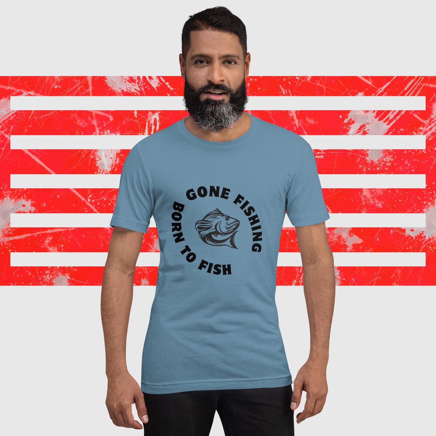 PREMIUM T-SHIRT AMERICAN FISHERMAN BORN TO FISH GONE FISHING STEEL BLUE FRONT - https://firstamerican.shop/