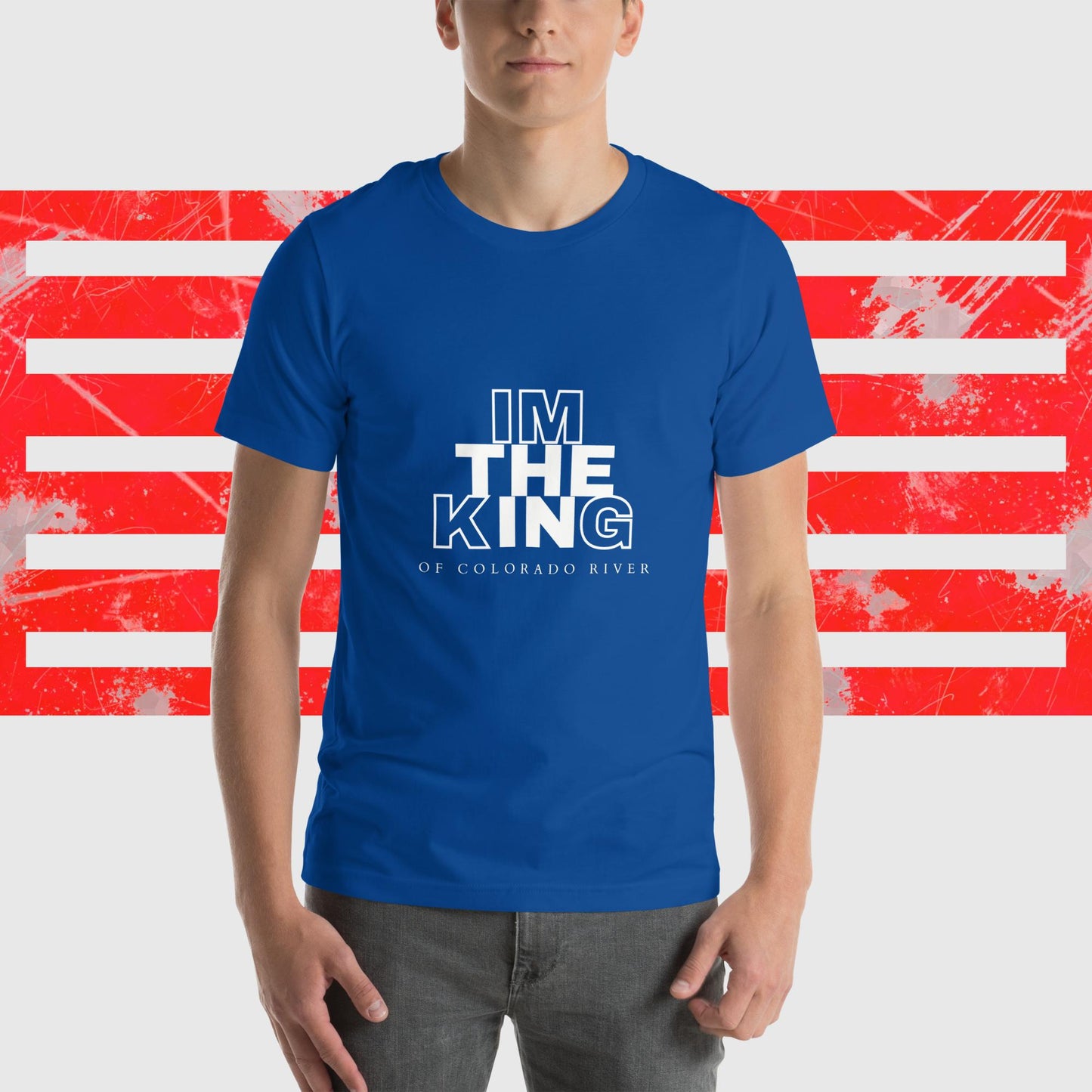 MENS AMERICAN FISHERMAN T-SHIRT THE KING OF COLORADO RIVER BLUE FRONT - https://firstamerican.shop/