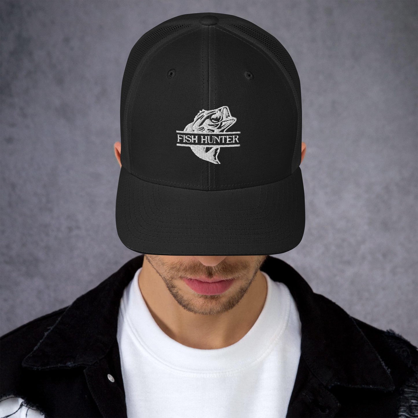 MENS FISHING TRUCKER CAP FISH HUNTER BLACK FRONT - https://firstamerican.shop/