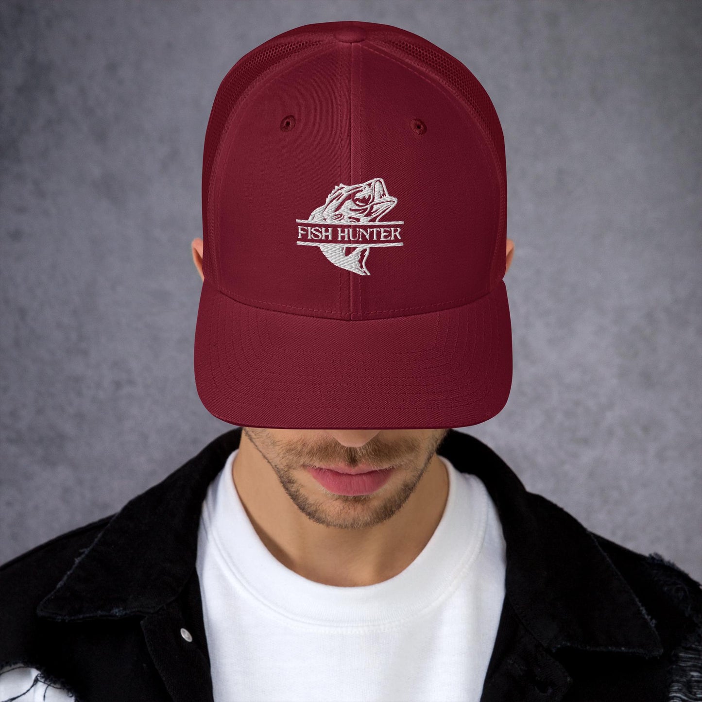 MENS FISHING TRUCKER CAP FISH HUNTER CRANBERRY FRONT - https://firstamerican.shop/