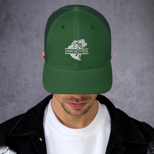 MENS FISHING TRUCKER CAP FISH HUNTER EVERGREEN FRONT - https://firstamerican.shop/