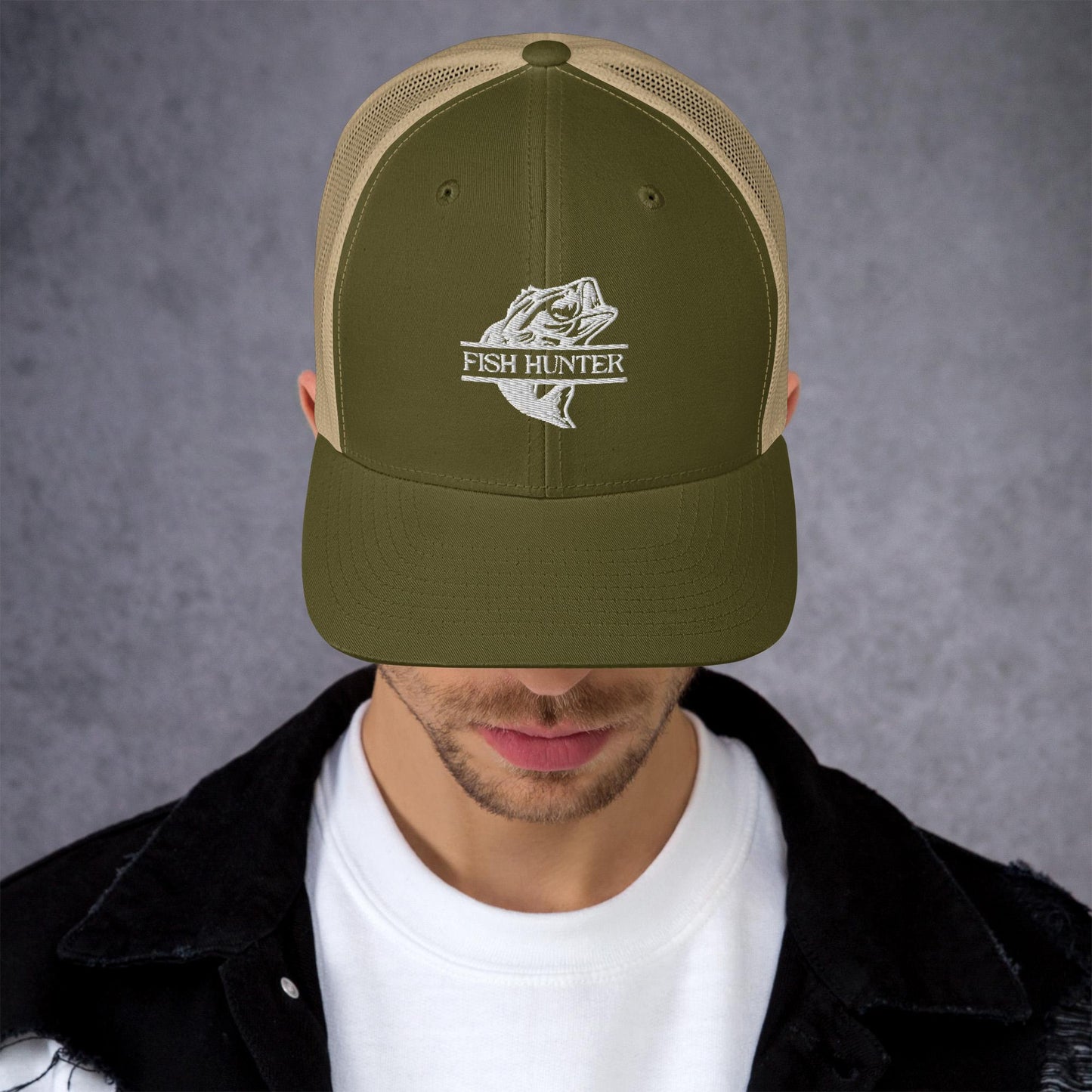 MENS FISHING TRUCKER CAP FISH HUNTER MOSS KHAKI FRONT - https://firstamerican.shop/