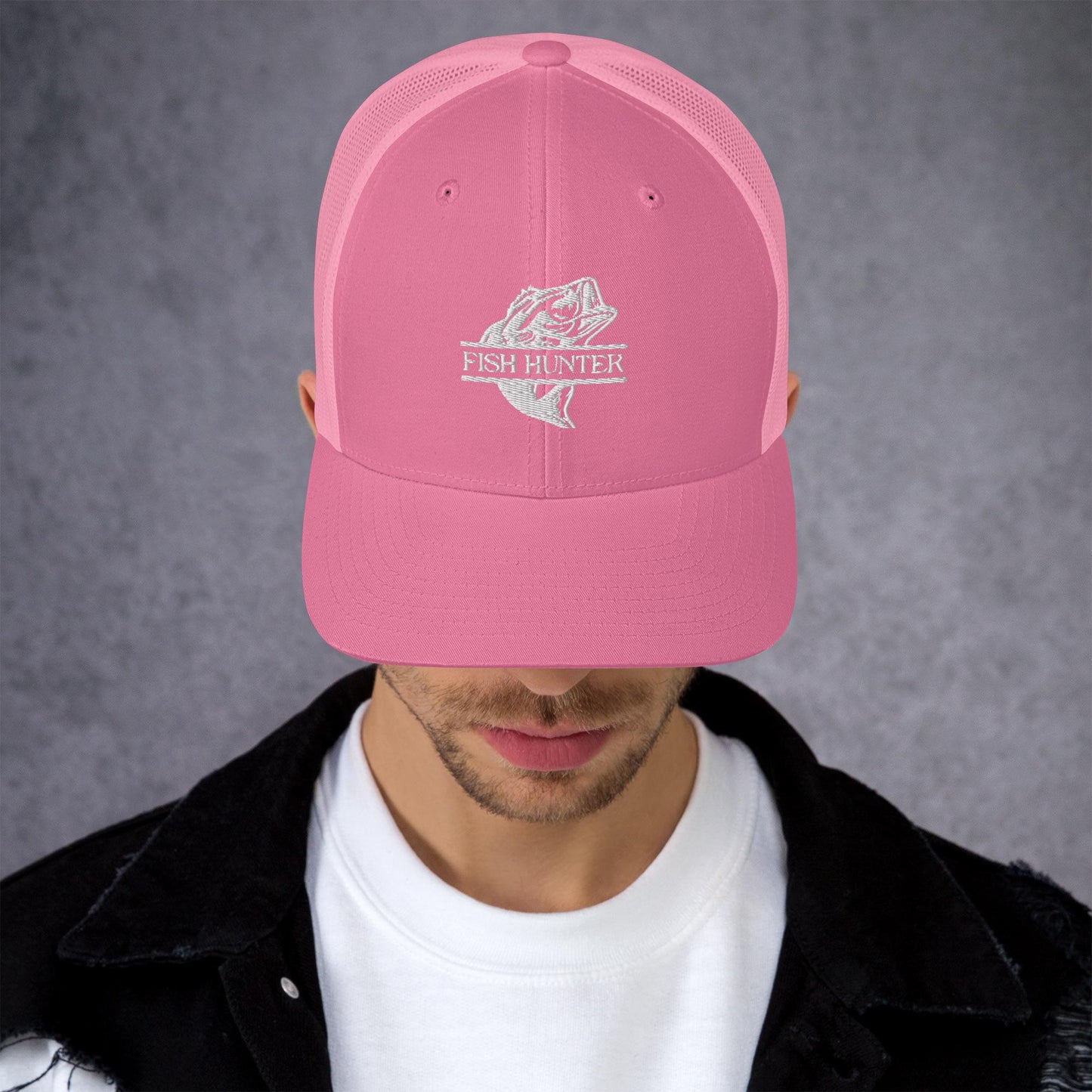 MENS FISHING TRUCKER CAP FISH HUNTER PINK FRONT - https://firstamerican.shop/