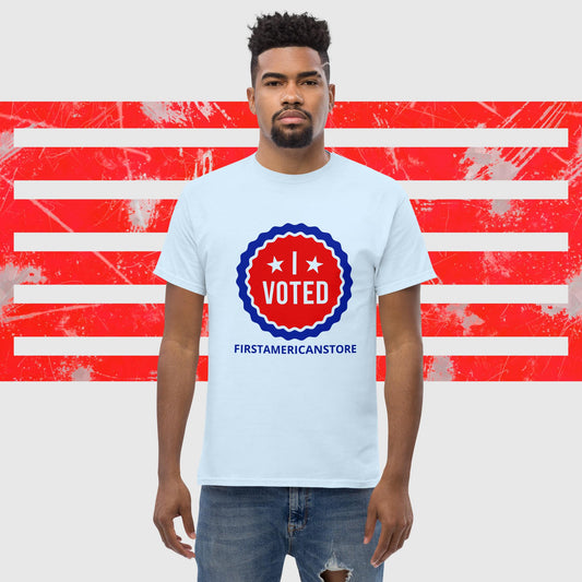 PATRIOTIC T-SHIRT US ELECTIONS I VOTED LIGHT BLUE FRONT - https://firstamerican.shop/