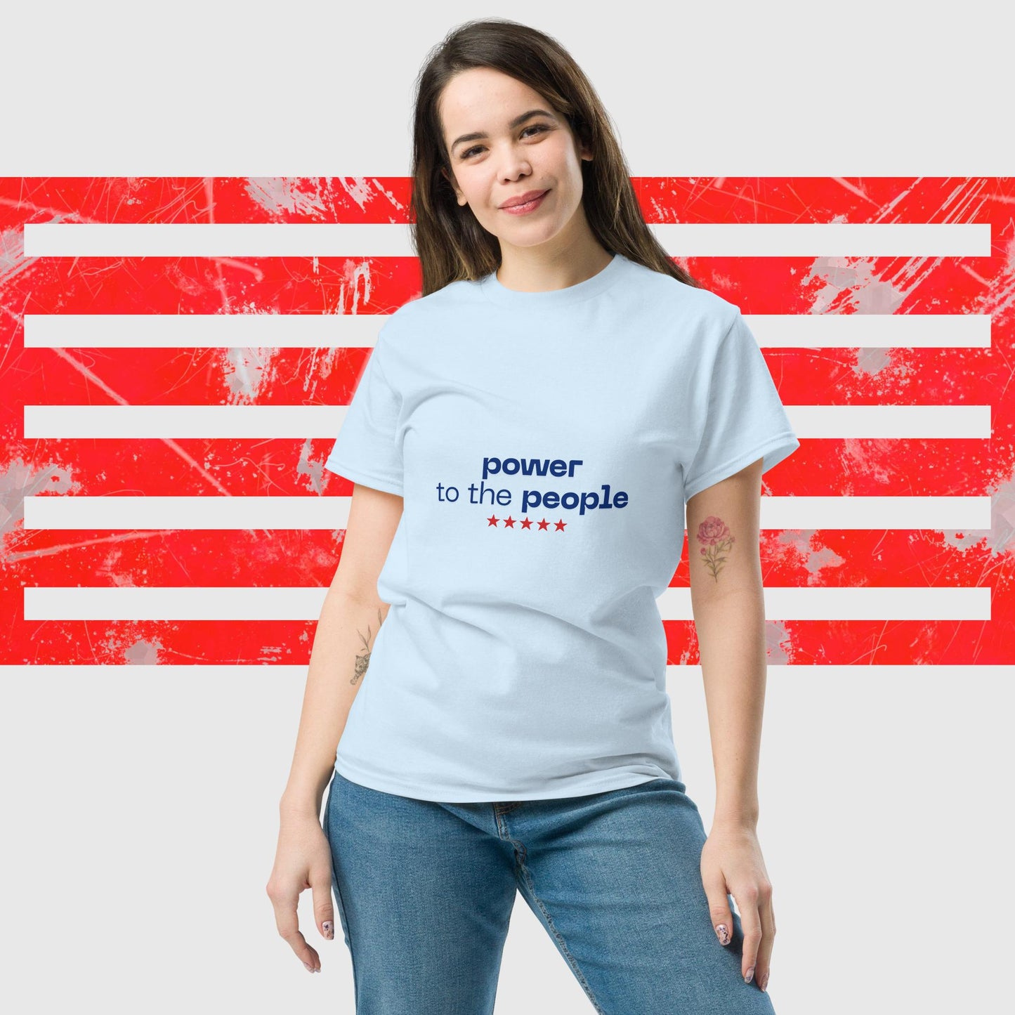 PATRIOTIC T-SHIRT FOR MEN AND WOMEN US ELECTIONS POWER TO THE PEOPLE LIGHT BLUE FRONT - https://firstamerican.shop/