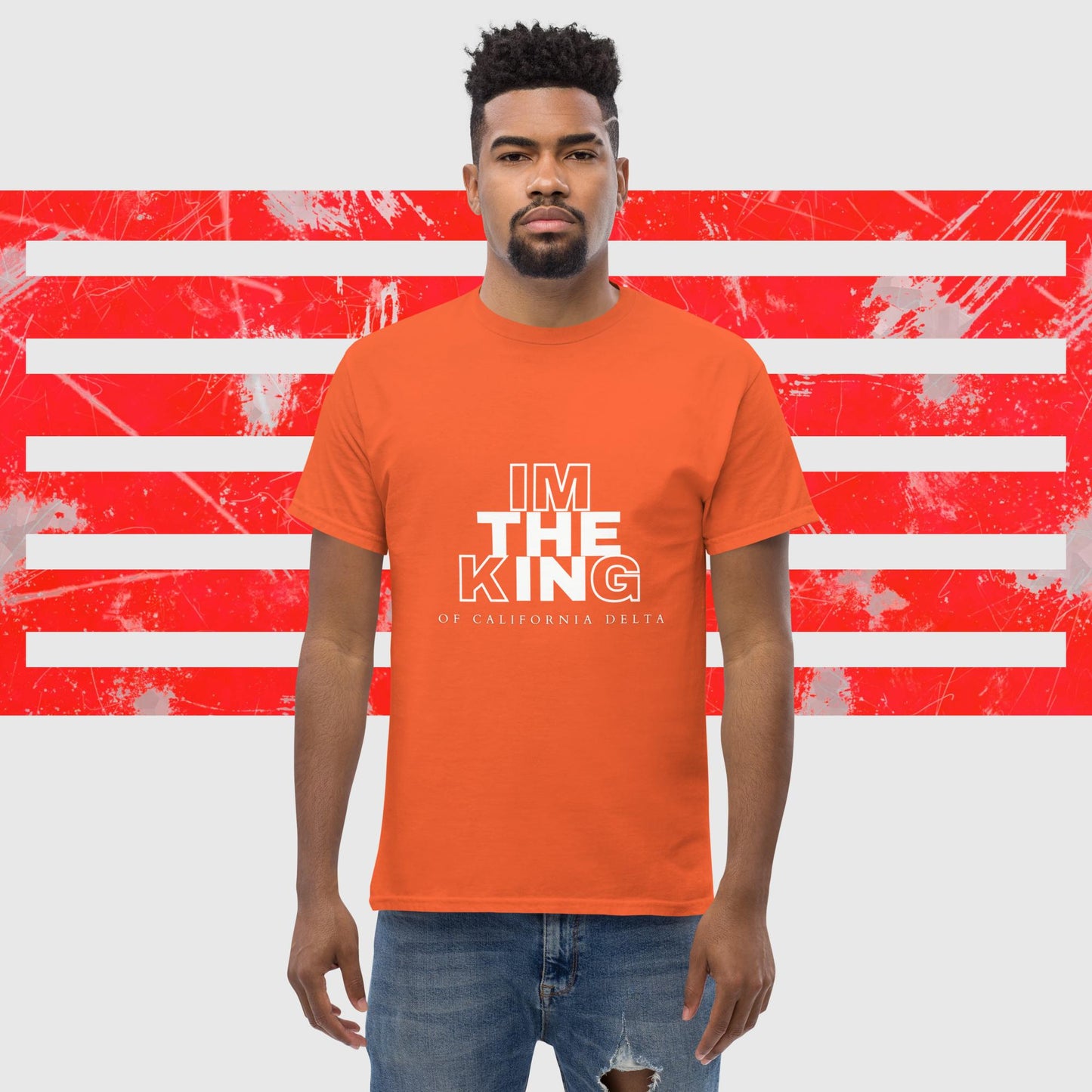 MENS AMERICAN FISHERMAN T-SHIRT THE KING OF CALIFORNIA DELTA ORANGE FRONT - https://firstamerican.shop/