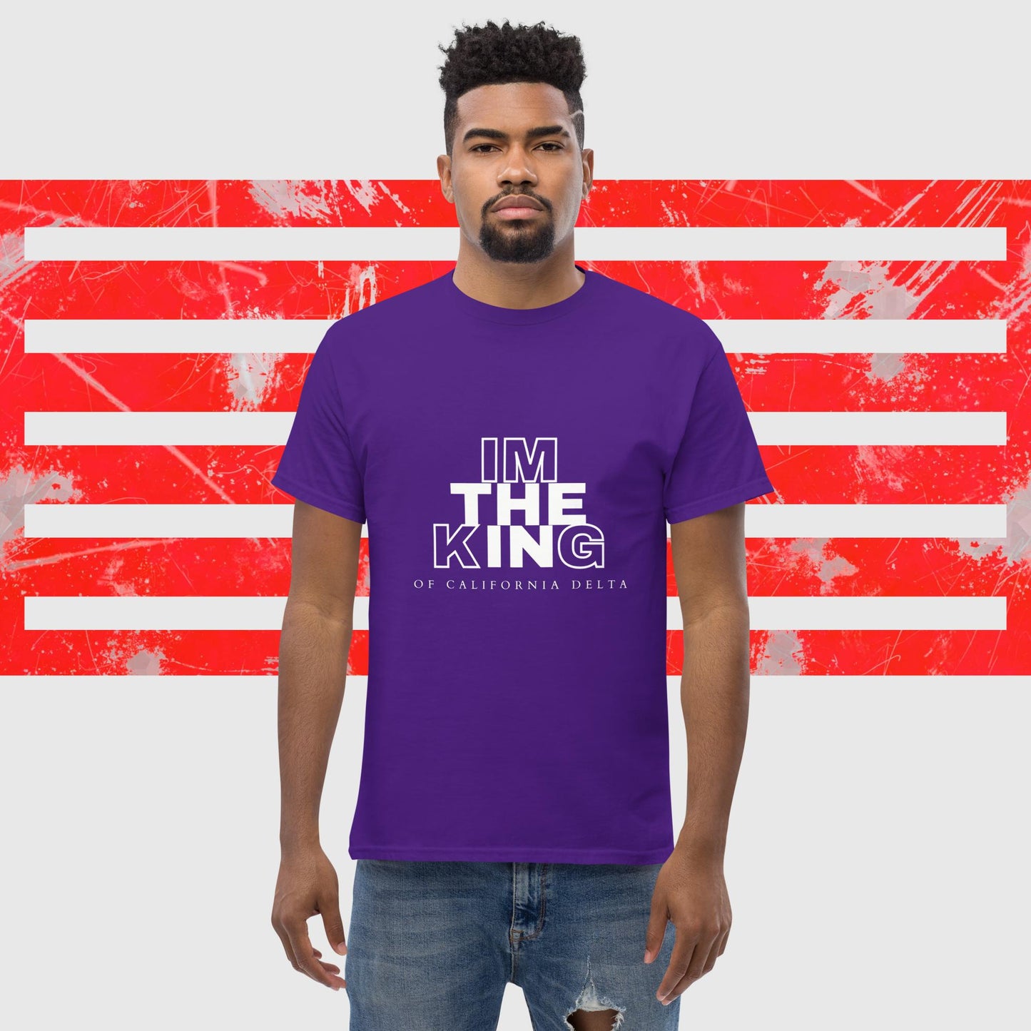 MENS AMERICAN FISHERMAN T-SHIRT THE KING OF CALIFORNIA DELTA PURPLE  FRONT - https://firstamerican.shop/