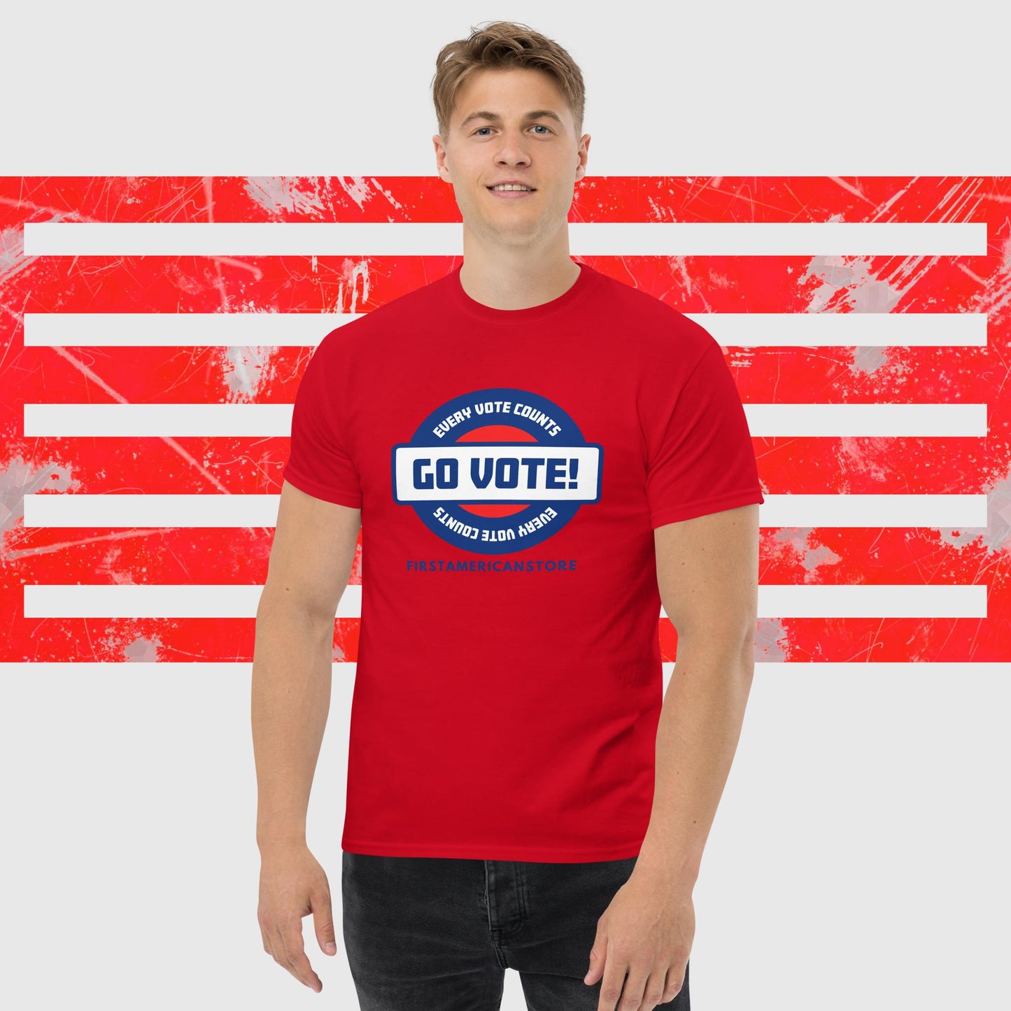 PATRIOTIC T-SHIRT US ELECTIONS GO VOTE EVERY VOTE COUNTS RED FRONT - https://firstamerican.shop/