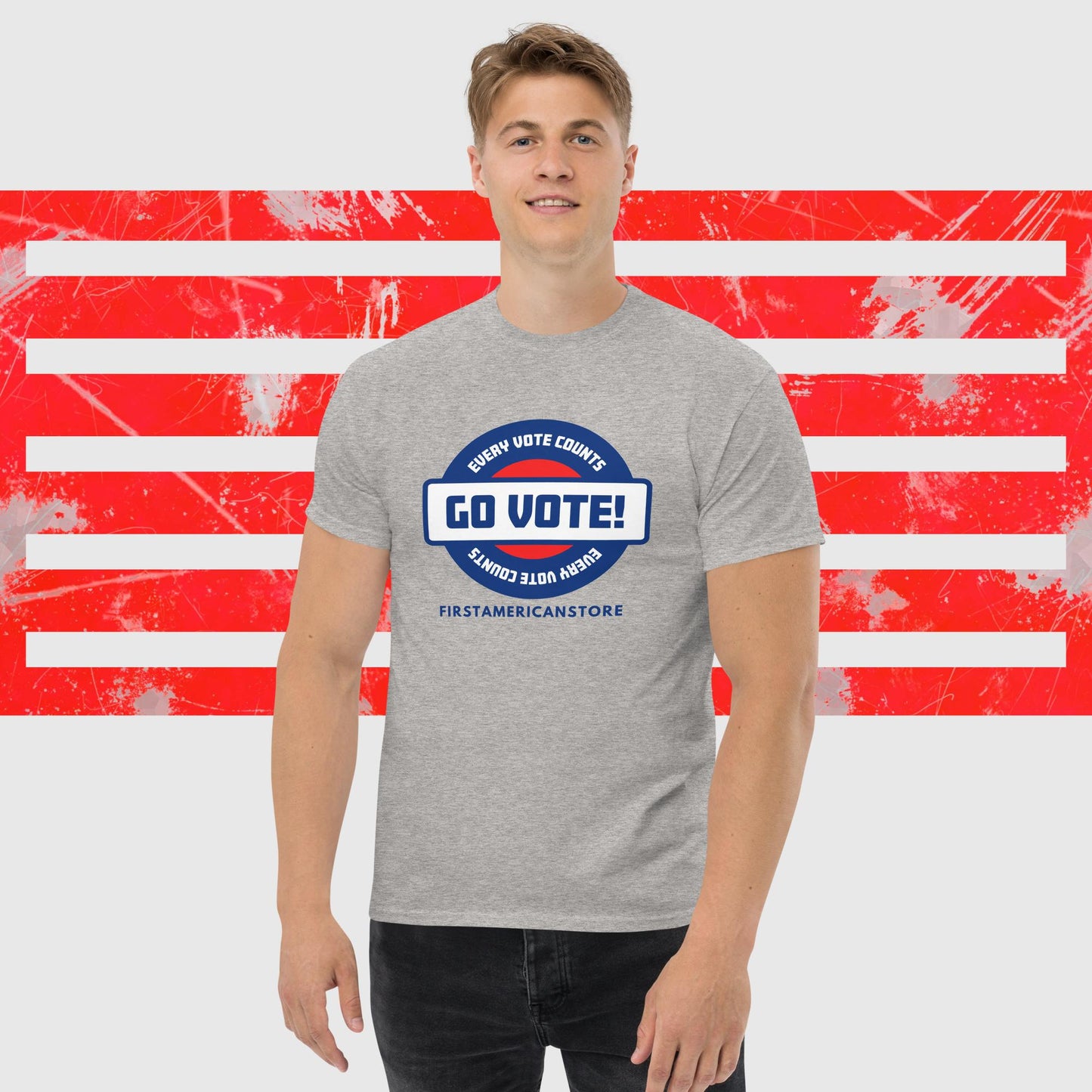 PATRIOTIC T-SHIRT US ELECTIONS GO VOTE EVERY VOTE COUNTS GREY FRONT - https://firstamerican.shop/