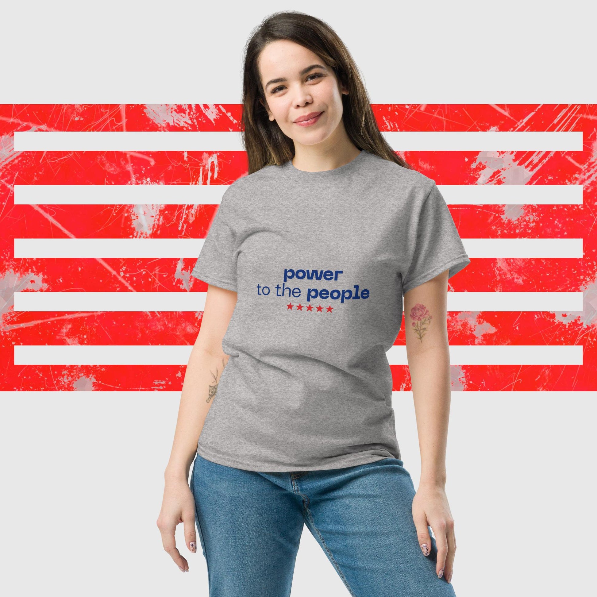 PATRIOTIC T-SHIRT FOR MEN AND WOMEN US ELECTIONS POWER TO THE PEOPLE GREY FRONT - https://firstamerican.shop/