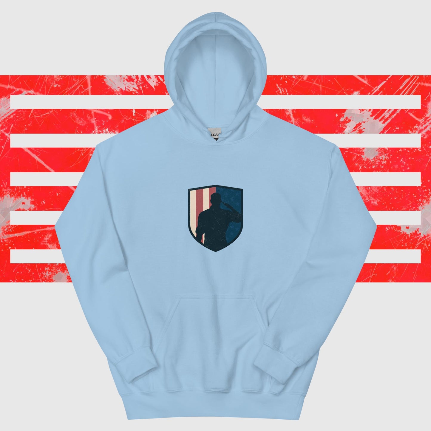 PATRIOTIC HOODIE FOR VETERANS DAY AMERICAN SOLDIER LIGHT BLUE FRONT - www.firstamericanstore.com