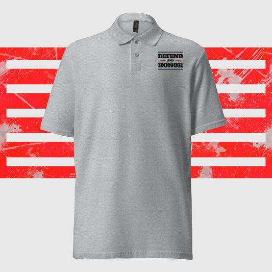PATRIOTIC VETERANS DAY POLO SHIRT "DEFEND & HONOR"  GREY FRONT - www.firstamericanstore.com