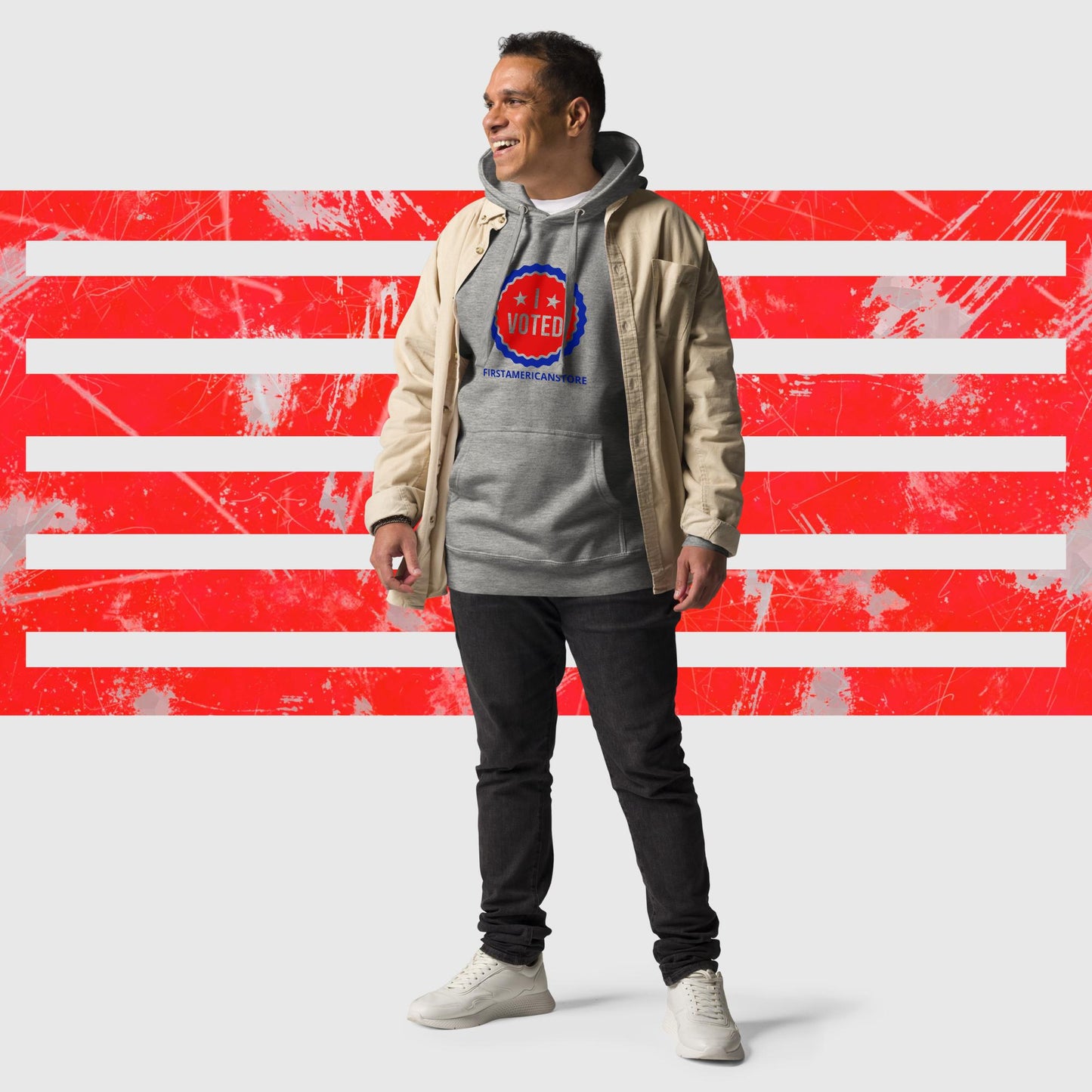 PATRIOTIC HOODIE US ELECTIONS I VOTED GREY FRONT - https://firstamerican.shop/