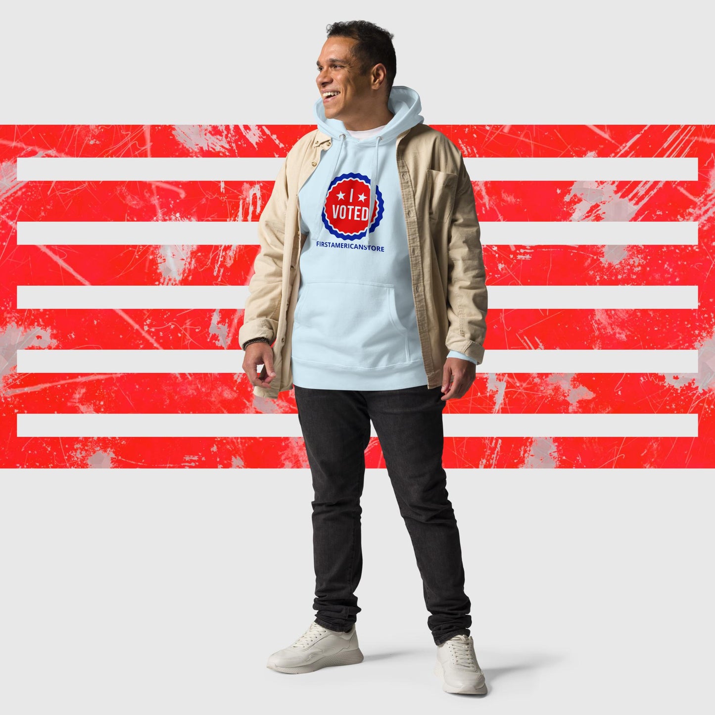 PATRIOTIC HOODIE US ELECTIONS I VOTED SKY BLUE FRONT - https://firstamerican.shop/