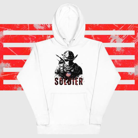 PATRIOTIC HOODIE FOR VETERANS DAY MODERN AMERICAN SOLDIER WHITE FRONT - www.firstamericanstore.com