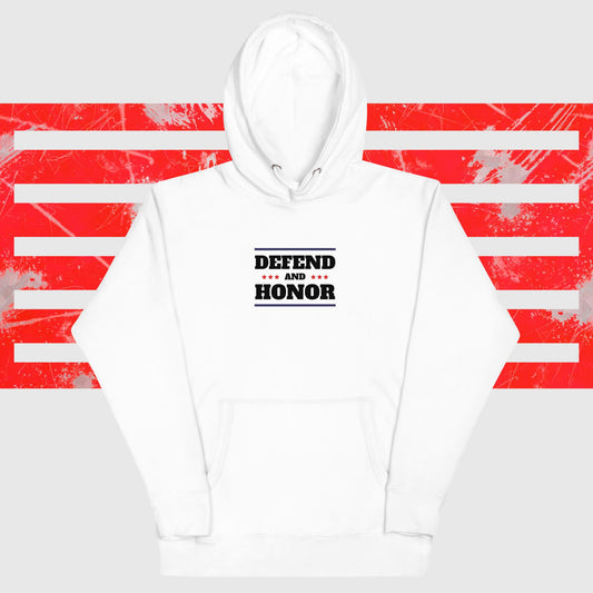 PATRIOTIC UNISEX HOODIE FOR VETERANS DAY DEFEND & HONOR FOR PROUD AMERICAN WHITE FRONT - www.firstamericanstore.com