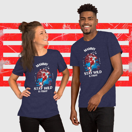 PREMIUM UNISEX T-SHIRT AMERICAN FISHERMAN STAY WILD & FISHY MIDNIGHT FRONT - https://firstamerican.shop/