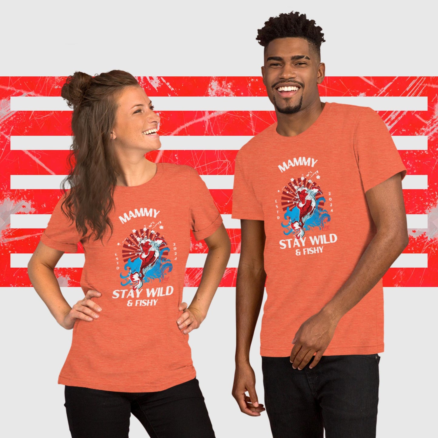 PREMIUM UNISEX T-SHIRT AMERICAN FISHERMAN STAY WILD & FISHY ORANGE FRONT - https://firstamerican.shop/