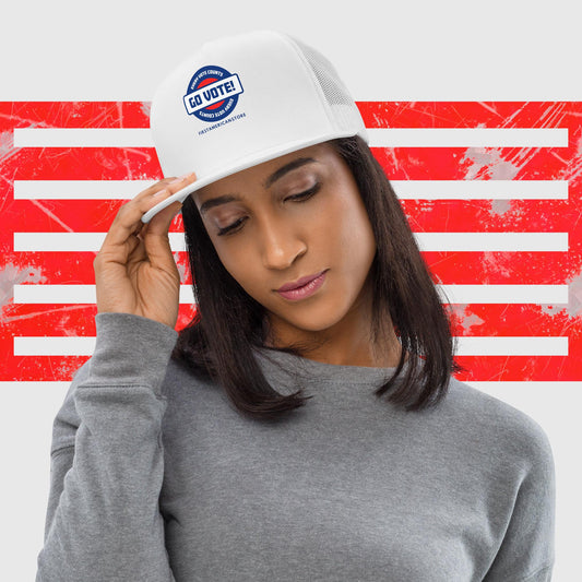 PATRIOTIC US ELECTION TRUCKER HAT GO VOTE WHITE FRONT - https://firstamerican.shop/