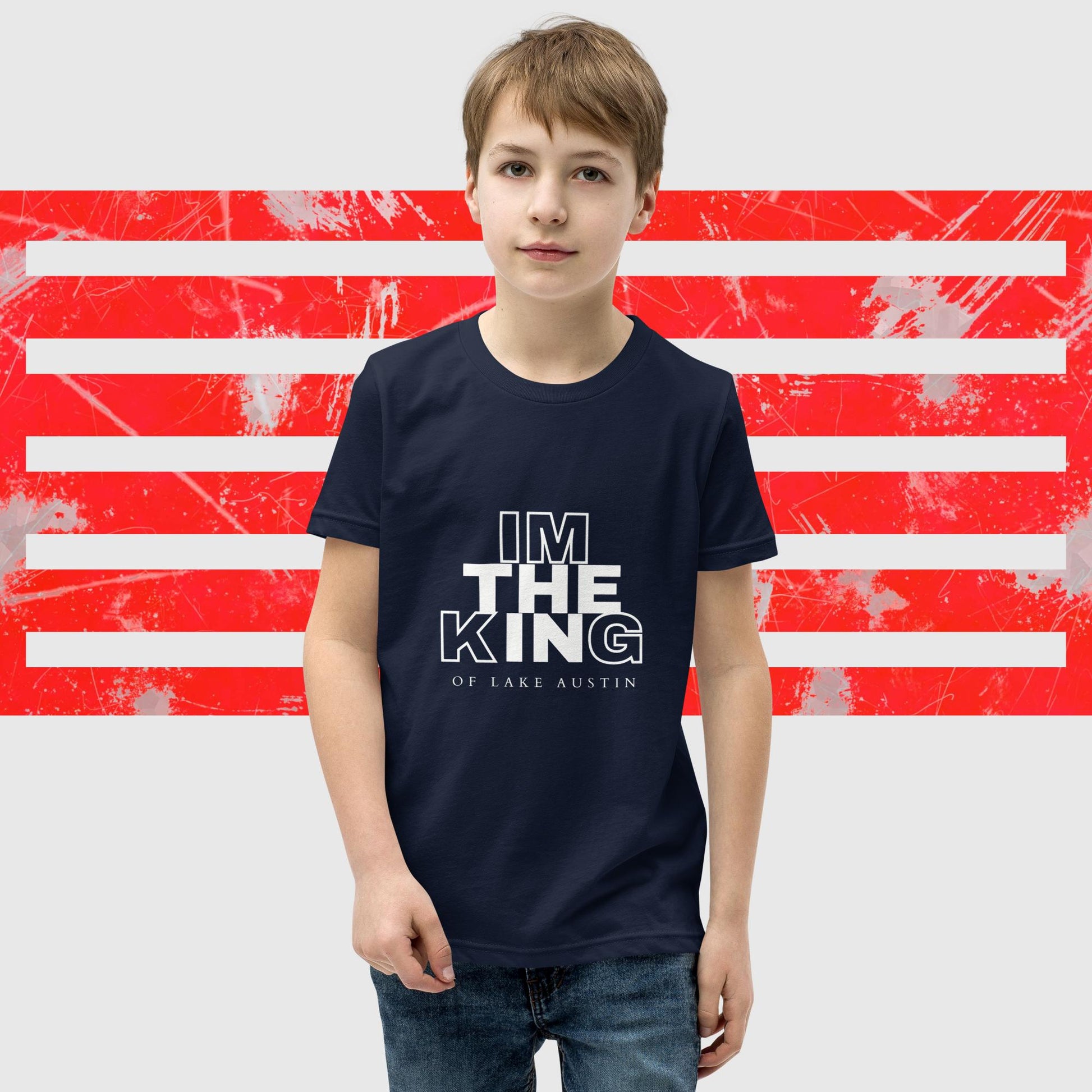 T-SHIRT FOR BOYS AMERICAN FISHERMAN THE KING OF LAKE AUSTIN NAVY FRONT - https://firstamerican.shop/