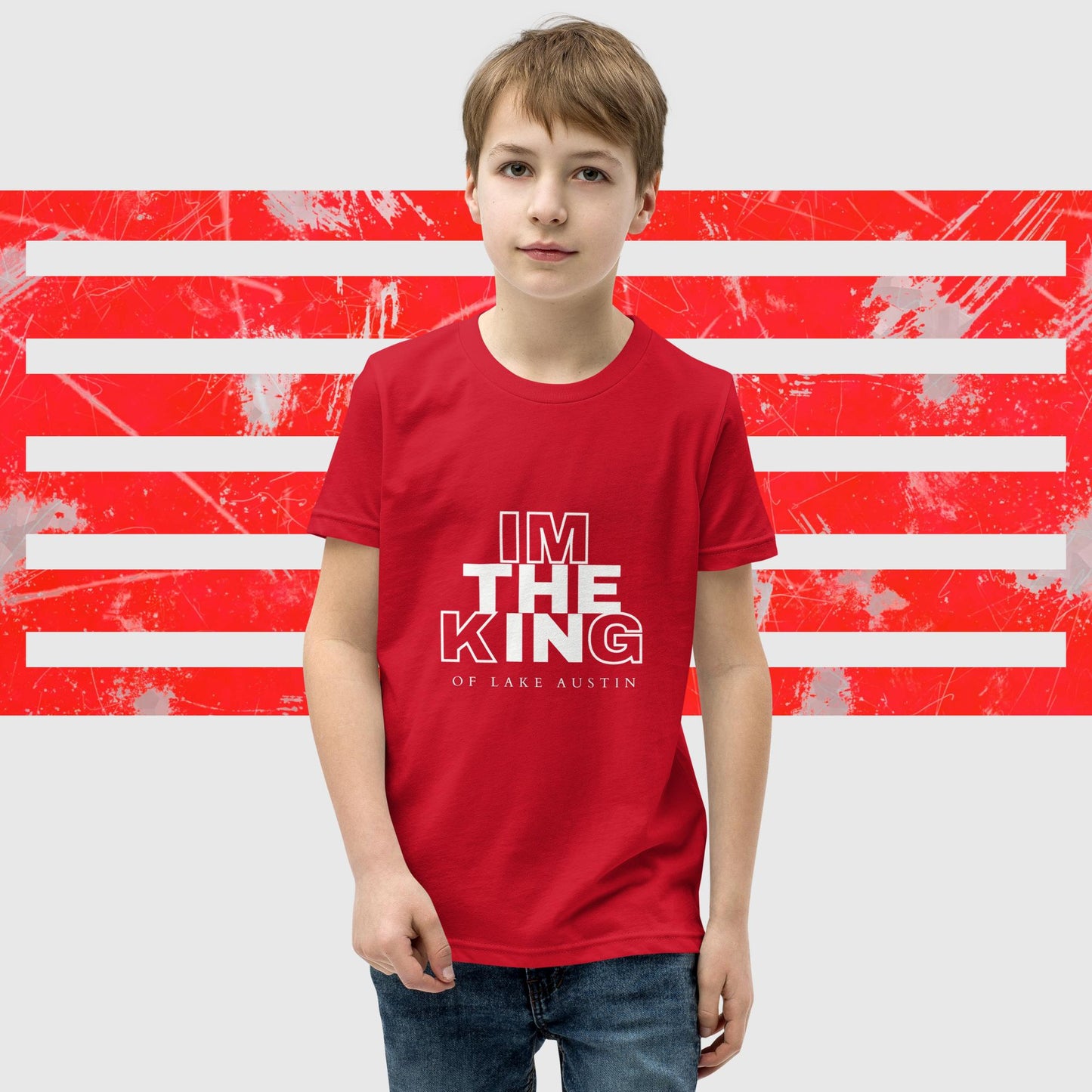 T-SHIRT FOR BOYS AMERICAN FISHERMAN THE KING OF LAKE AUSTIN RED FRONT - https://firstamerican.shop/