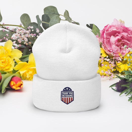 PATRIOTIC BEANIE "THANK YOU VETERANS" WHITE FRONT - www.firstamericanstore.com