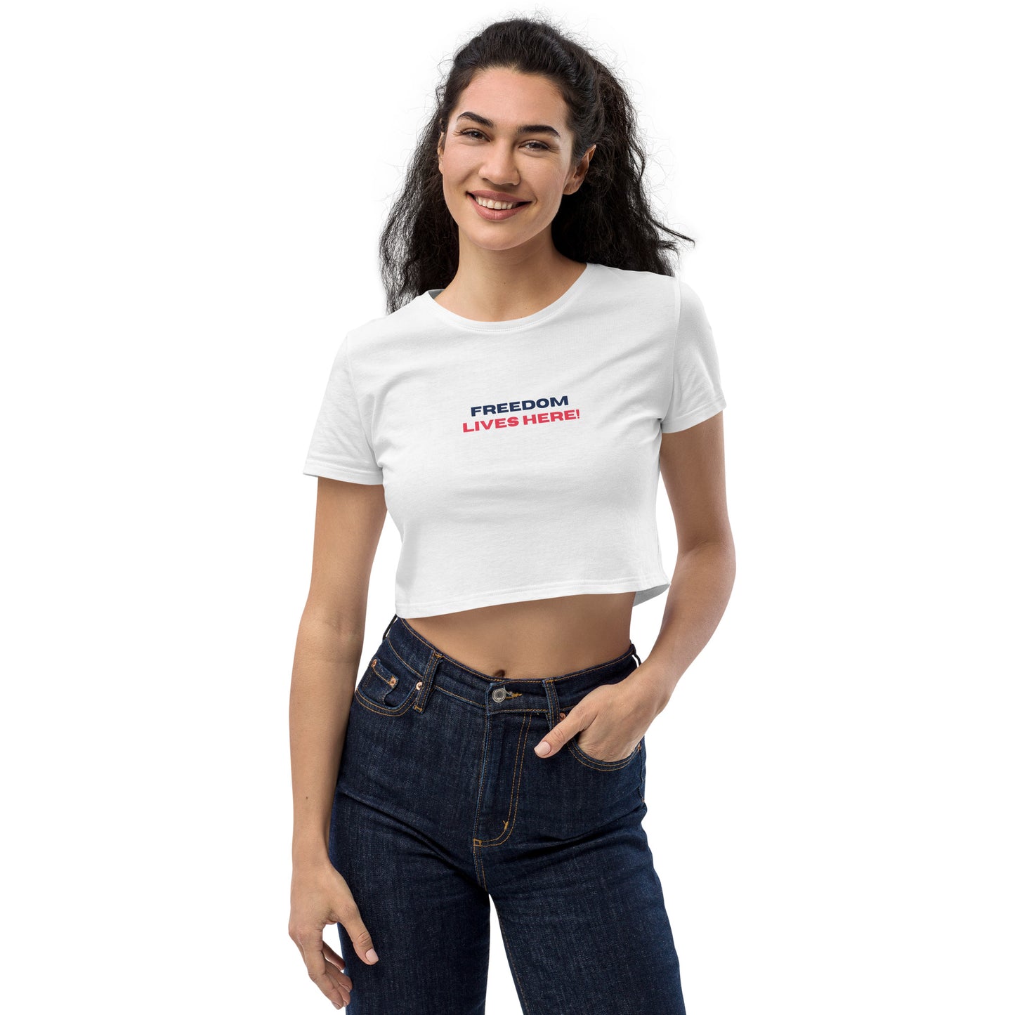 ORGANIC CROP TOP "FREEDOM LIVES HERE" WHITE FRONT - www.firstamericanstore.com