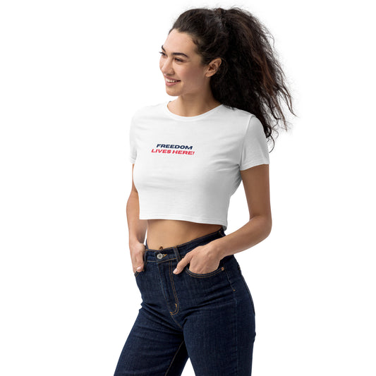 ORGANIC CROP TOP "FREEDOM LIVES HERE" WHITE LEFT FRONT - www.firstamericanstore.com