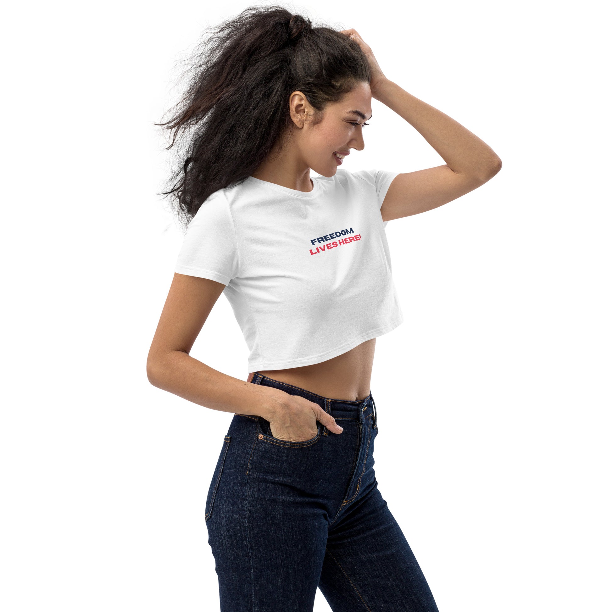 ORGANIC CROP TOP "FREEDOM LIVES HERE" WHITE RIGHT FRONT - www.firstamericanstore.com