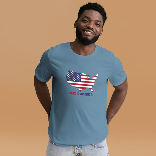 UNISEX T-SHIRT "THIS IS AMERICA" STEEL BLUE FRONT - www.firstamericanstore.com