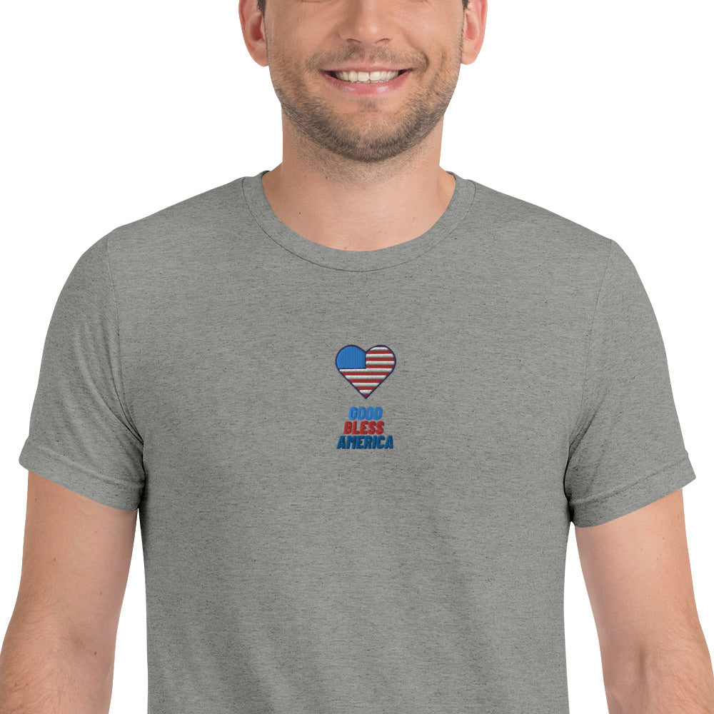 AMERICAN SHORT SLEEVE T–SHIRT "GOOD BLESS AMERICA" ATHLETIC GREY FRONT - www.firstamericanstore.com